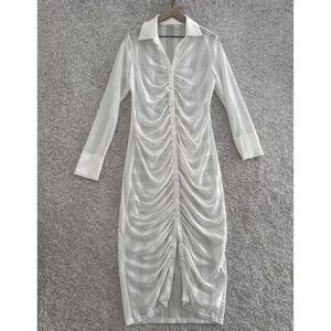 Loragal White Womens Ruched XL Sheer Mesh Long Sleeve Collar Dress
